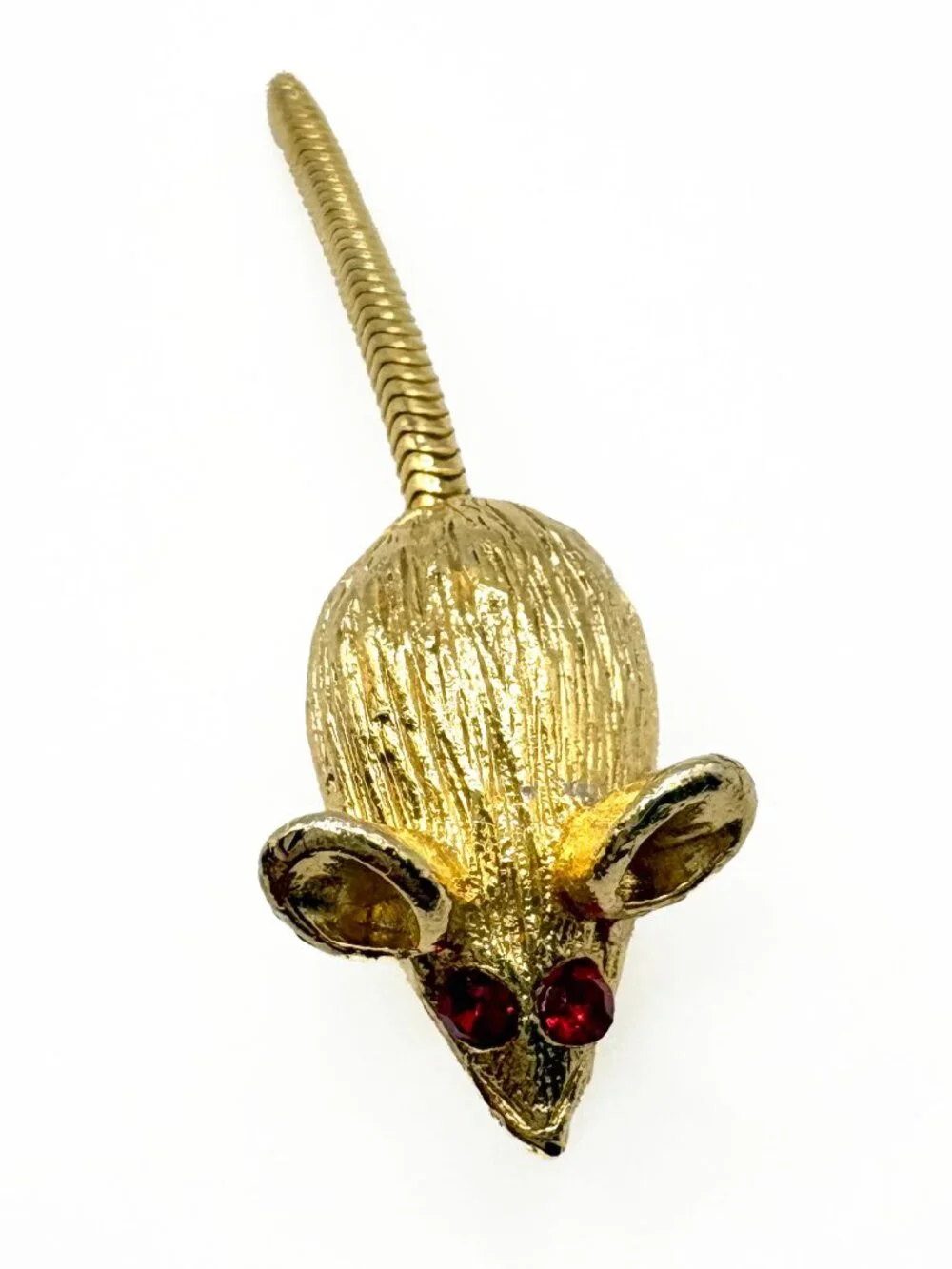 Vintage Mouse Brooch with Red Rhinestone Eyes and Articulated Tail